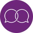 White icon of two speech bubbles interlinked with each other on a purple round background depicting collaboration