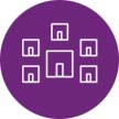 White icon of big white building in the middle surrounded by small white buildings on a purple background to depict spin-out companies